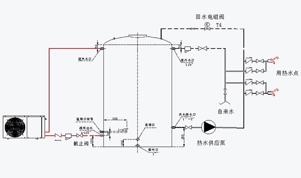 小工程水循環家用熱泵熱水器管路連接示意圖(如1.5HP、2.5HP、小3HP)